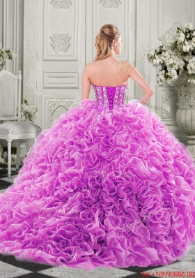 New Style Lovely Puffy Skirt Beaded Bodice and Ruffled Quinceanera Dress in Fuchsia