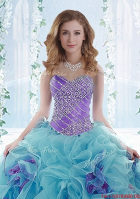 Sweet Beaded Aque Blue Detachable Quinceanera Dresses in Organza