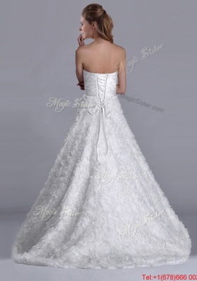 Affordable A Line Brush Train Ruched Wedding Gown with Rolling Flowers