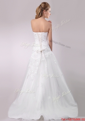 Decent A Line Brush Train Beaded and Applique Wedding Dress with Sash