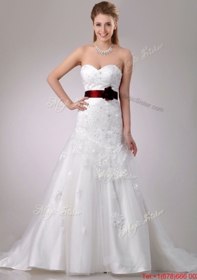 Decent A Line Brush Train Beaded and Applique Wedding Dress with Sash