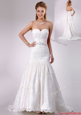 Elegant Mermaid Beaded and Bowknot Laced Wedding Dress with Brush Train