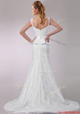 Fashionable Column V Neck Court Train Bridal Dress in Lace