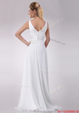 Most Popular Empire V Neck Chiffon Beaded Wedding Dress with Sweep Train