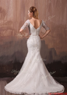 Unique V Neck Half Sleeves Mermaid Wedding Dress with Beading and Lace for 2016