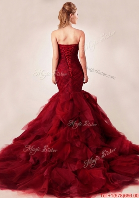 Classical Mermaid Sweetheart Tulle Ruffles Wedding Dresses in Wine Red