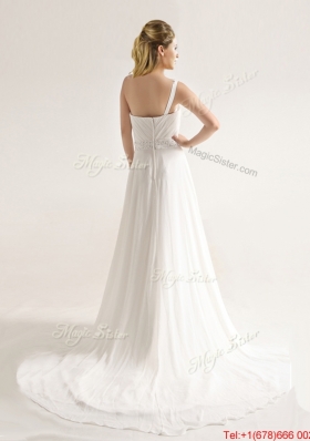 Elegant One Shoulder Court Train Wedding Dresses with Beading and Ruching