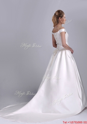 Exquisite Ball Gown Off the Shoulder Brush Train Beaded Bridal Dress in Satin