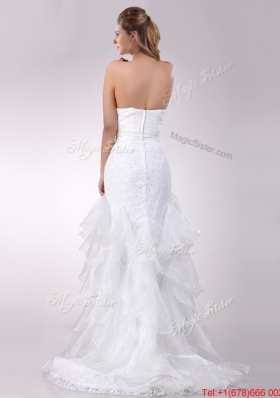 Exquisite Column Strapless Brush Train Beaded Bridal Dress in Organza