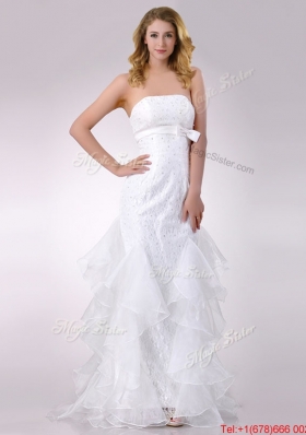 Exquisite Column Strapless Brush Train Beaded Bridal Dress in Organza