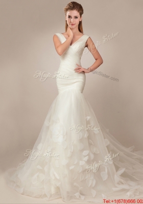 Flirting Fitted Mermaid Deep V Neckline Wedding Dresses with Appilques and Ruching