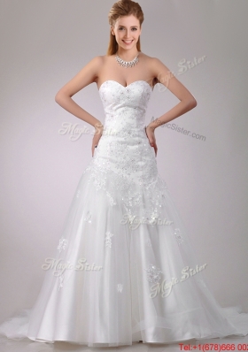 Lovely Be-ribboned Beaded and Applique Wedding Dress with Brush Train