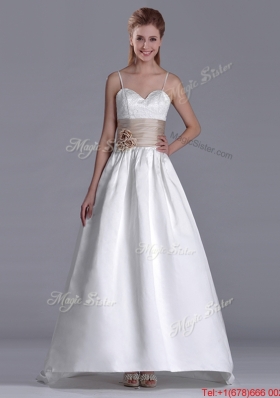 Luxurious Spaghetti Straps Brush Train Bridal Dress with Belt and Handmade Flowers