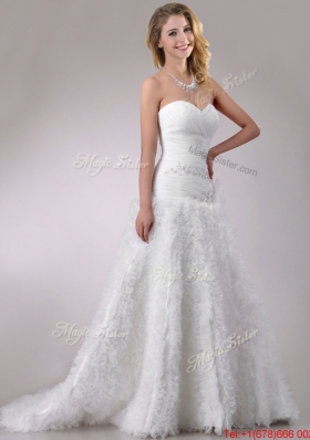 Romantic Beaded and Ruffled Rolling Flowers Wedding Dress with Brush Train