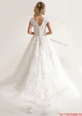 New Style A Line Tull Short Sleeves Wedding Dresses with Beading and Appliques