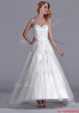 Cheap A Line Brush Train Tulle Zipper Up Bridal Dress with Beading and Lace