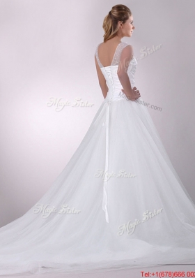 Cheap A Line Scoop Court Train Tulle Wedding Dress with Beading