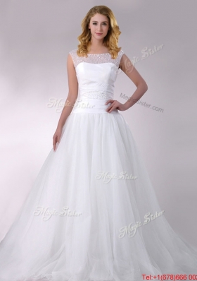 Cheap A Line Scoop Court Train Tulle Wedding Dress with Beading