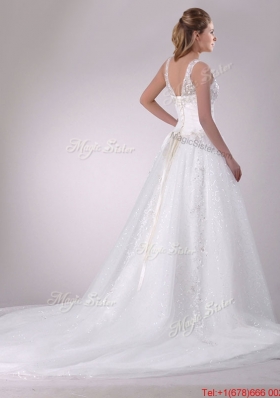 Cheap A Line V Neck Court Train Bridal Dress with Beading and Sequins