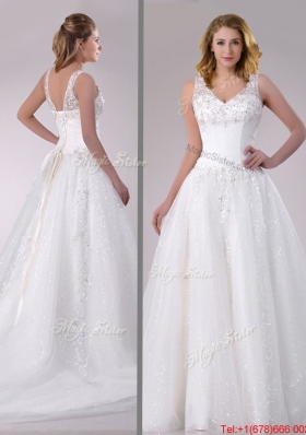 Cheap A Line V Neck Court Train Bridal Dress with Beading and Sequins