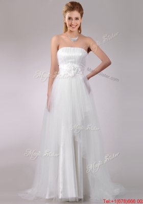 Cheap Strapless Brush Train Wedding Dress with Handcrafted Flowers