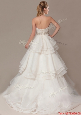 Lovely A-line Brush Train Wedding Dresses with Beading and Ruffles Layers