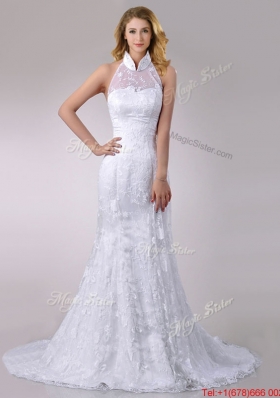 Most Popular Halter Top Mermaid Lace Bridal Dress with Brush Train for 2016