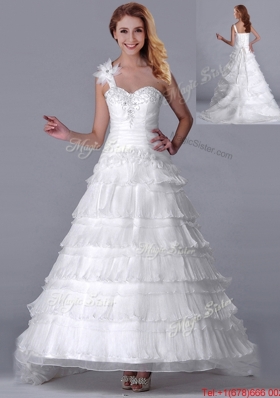 New Style One Shoulder Organza Brush Train Wedding Dress with Beading and Ruffled Layers