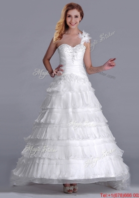 New Style One Shoulder Organza Brush Train Wedding Dress with Beading and Ruffled Layers