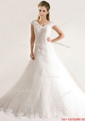 Cheap Laced and Applique Short Sleeves Wedding Dresses with Court Train