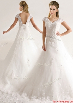 Cheap Laced and Applique Short Sleeves Wedding Dresses with Court Train
