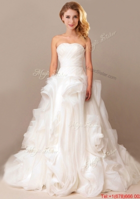 Simple Ball Gown Sweetheart Ruched and Rolling Flowers Wedding Dresses with Brush Train