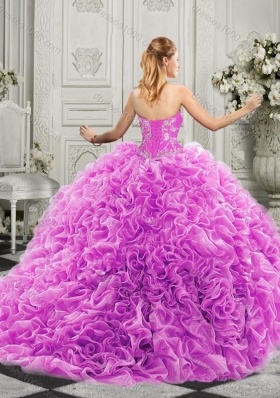 Elegant Brush Train Lavender Quinceanera Gown with Beaded Bodice and Ruffles