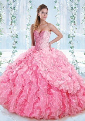 Lovely Rose Pink Detachable Quinceanera Dress with Beaded Bodice and Ruffles