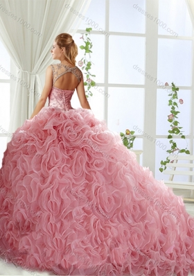 See Through Beaded Scoop Designer Quinceanera Dresses with Rolling Flower