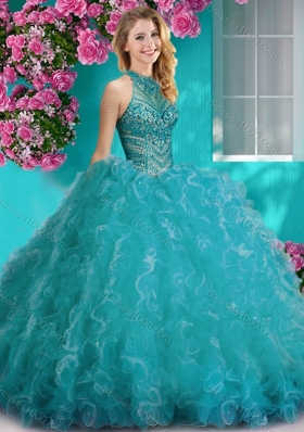 Cheap Halter Top Beaded and Ruffled Designer Quinceanera Dress with Puffy Skirt