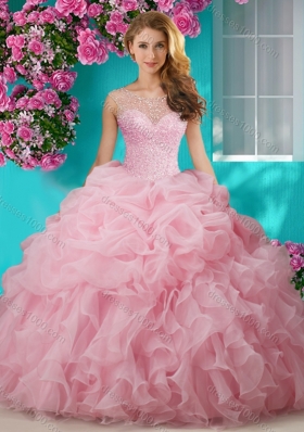 Lovely Beaded and Ruffled Big Puffy Designer Quinceanera Dresses with See Through Scoop