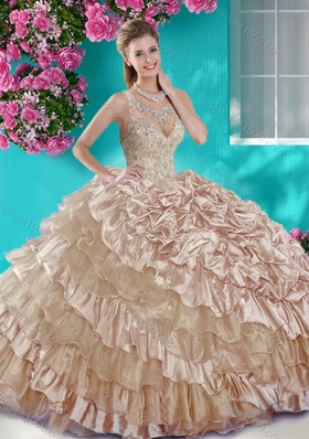 Ruffled Layers and Beaded Champagne Quinceanera Dress in Organza and Taffeta