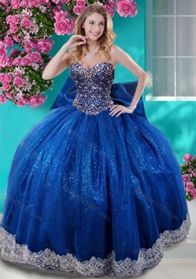 Unique Ball Gown Sequins Bowknot and Beaded Royal Blue Quinceanera Dress with Sweetheart