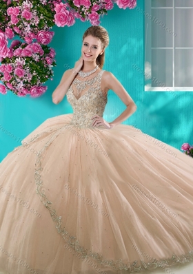 Cheap See Through Scoop Organza Quinceanera Dress with Beading