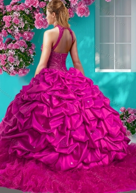 Feminine Halter Top Brush Train Quinceanera Dress with Beading and Ruffles