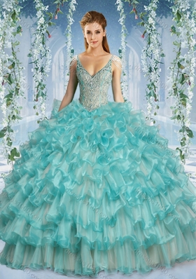 Popular Deep V Neck Big Puffy Quinceanera Dress with Beaded Decorated Cap Sleeves