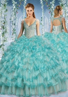 Popular Deep V Neck Big Puffy Quinceanera Dress with Beaded Decorated Cap Sleeves