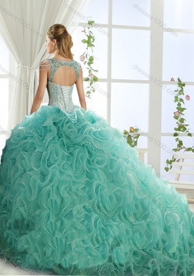 Sexy Deep V Neck Mint Detachable Quinceanera Gowns with Beading and Appliques