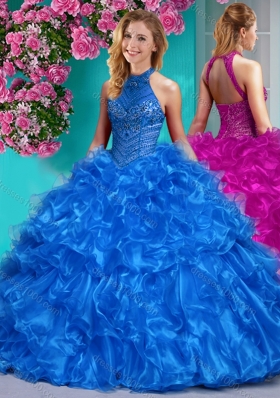 Beautiful Halter Top Beaded and Ruffled Quinceanera Dress in Royal Blue