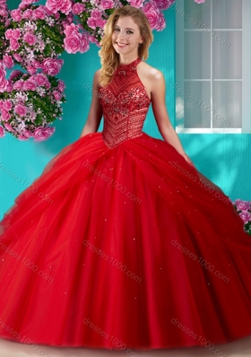 Elegant Halter Top Beaded and Applique Sweet Fifteen Dresses in Orange Red