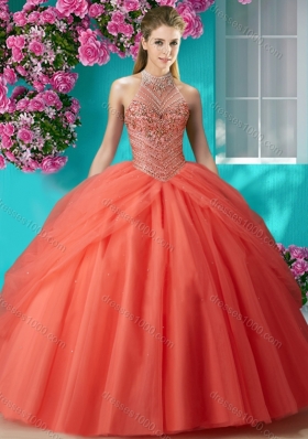 Elegant Halter Top Beaded and Applique Sweet Fifteen Dresses in Orange Red