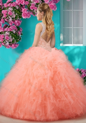 Sophisticated See Through Beaded Scoop Sweet 15 Dress with Ruffles