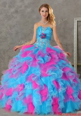 Romantic Hand Made Flowers and Ruffled Big Puffy Detachable Quinceanera Dresses in Blue and Pink