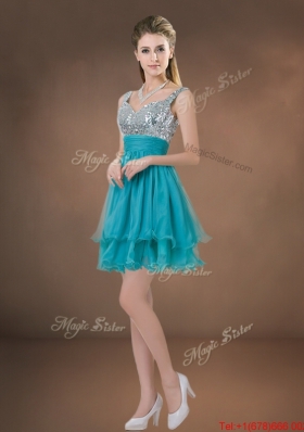 Luxurious Beaded and Ruffled Quinceanera Dress and Sweet Spaghetti Straps Teal Mini Qwuinceanera Dress and Discount Sequined Short Dama Dresses